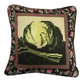 Vintage Needlepoint Pillow With Cabbage Design For Sale