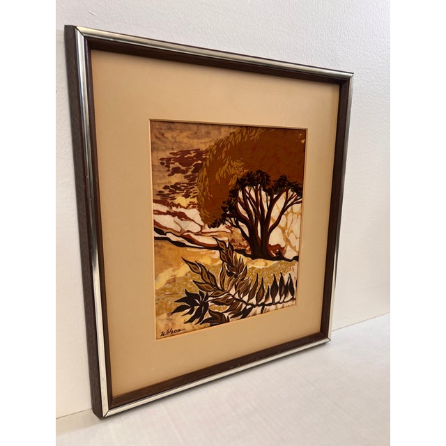 1970s Vintage Mid Century Modern Batik Style Abstract Framed Painting Landscape For Sale In Seattle - Image 6 of 9