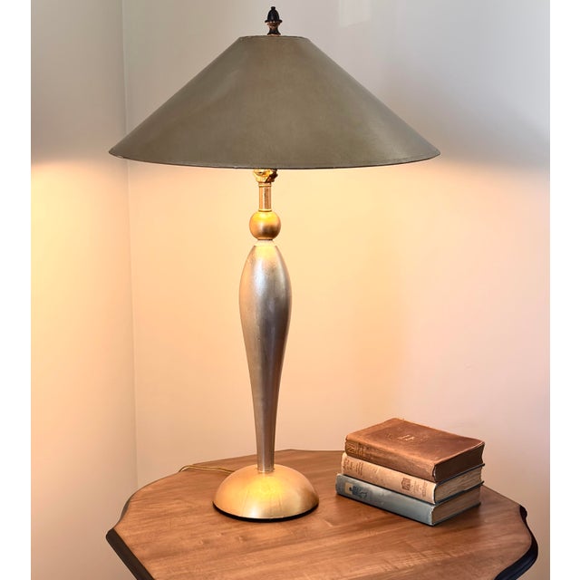 1980s Postmodern Lam Lee Group "Leeazanne" Silver & Gold Leaf Table Lamp For Sale In Columbus - Image 6 of 10
