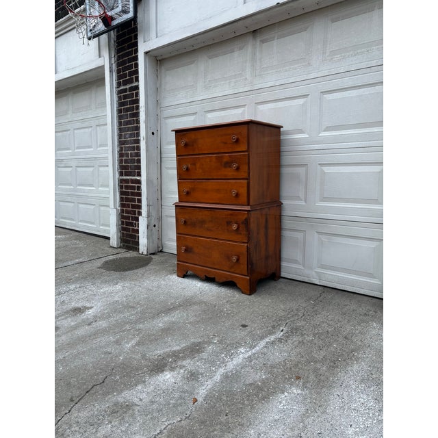 American Colonial Revival Chest of Drawers | Vintage Early American Style Solid Wood Dresser | Farmhouse Traditional Bedroom Storage | Wood High Boy For Sale - Image 3 of 12