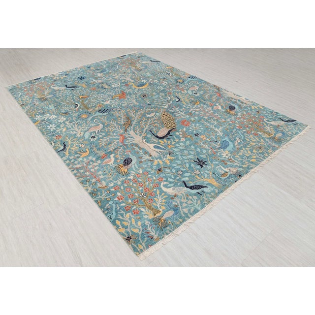 Blue Peacock Birds Garden Scene Soft Hand Knotted Hand Spun Wool Rug 4x8Ft. For Sale - Image 13 of 18