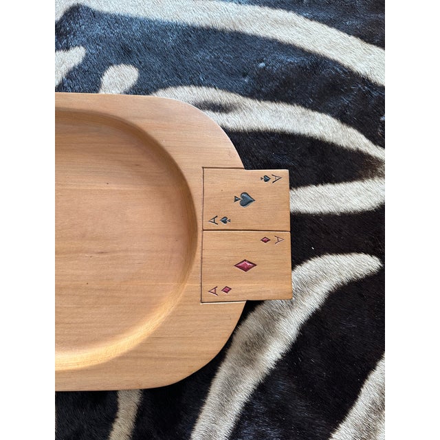 Vintage Handcarved Oval Wooden Tray With Playing Card Handles For Sale - Image 11 of 15