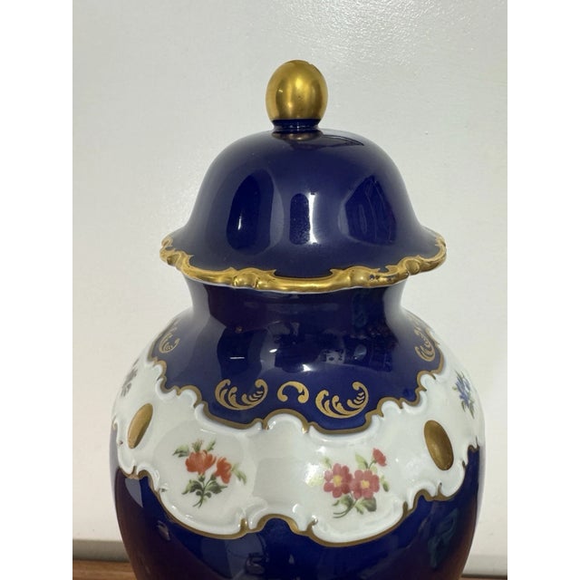 Ceramic Vintage Wallendorf 1764 Echt Kobalt Cobalt Blue Floral Gold Lidded Vase GDR For Sale - Image 7 of 18