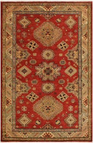 1980s 1980's Tribal Super Kazak Garish Louis Red/Lt. Gold Wool Rug - 4'1 X 6'3