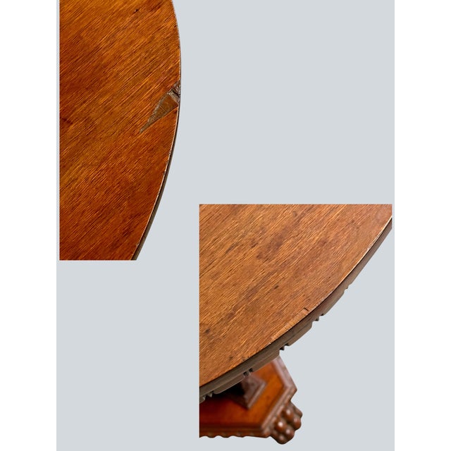 Antique Carved Pedestal Table Figural Base-Lion Paw Feet-Side-Accent-Victorian For Sale - Image 11 of 11