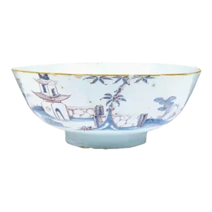 Antique 18th Century English Lambeth Delft Faience Punch Bowl with Chinese Decoration & Inscribed Motto