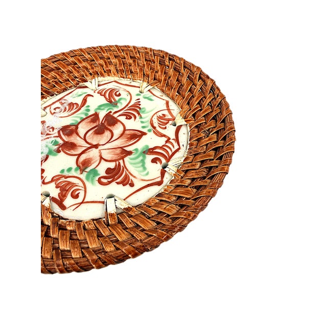 Wood Asian Moder Bat Trang Vietnam Rattan & Ceramic Coasters With Hand Painted Red Lotus Floral Motif - Set of 4 For Sale - Image 7 of 7