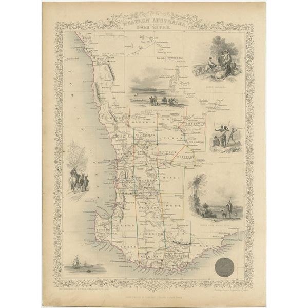 Antique map titled 'Western Australia, Swan River'. Map of Western Australia and Swan River, surrounded by illustrations...