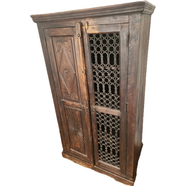 Brown Antique Hand-Carved Wood Wardrobe with Carved Doors and Iron Grille, Bali, Indonesia, 1920s For Sale - Image 8 of 18