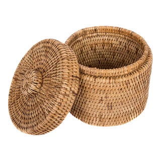 Artifacts Rattan Round Single Tissue Roll Box in Honey Brown For Sale