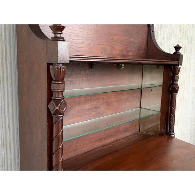 Wood Arts & Crafts Oak Sideboard With Dry Bar Top and Cupboard in Oak, Bronze & Brass For Sale - Image 7 of 13