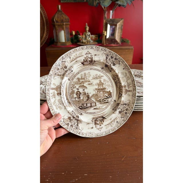 A Rare Set of 16 Brown Transfer Decorated Staffordshire Plates, “Nankin” by Dimmock, Circa 1830’s For Sale - Image 17 of 17