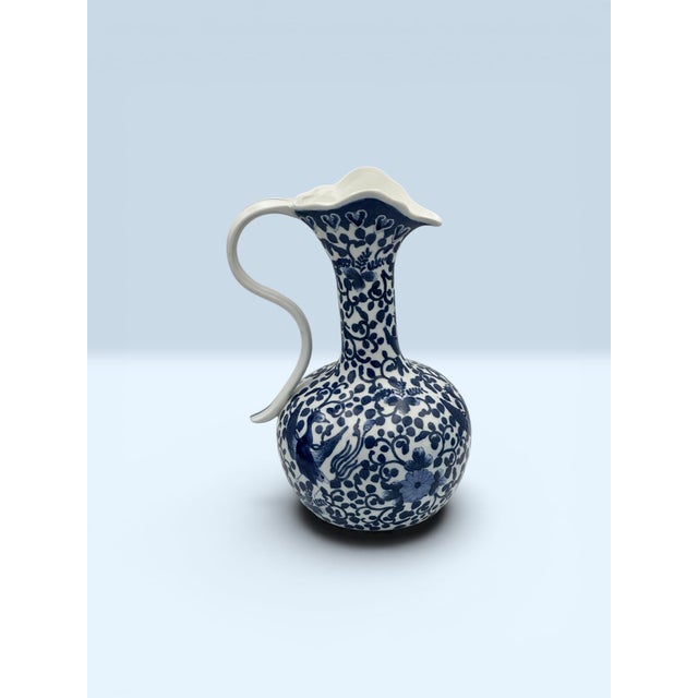 Vintage Chinoiserie Blue & White Porcelain Ewer – Hand Painted Birds & Florals For Sale - Image 10 of 10