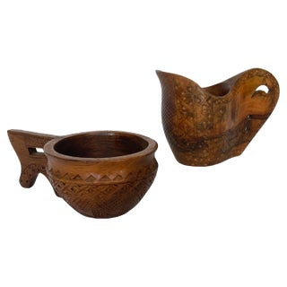 Vintage Croatian Hand Carved Olive Wood Sculpture Creamer & Sugar Bowl - Set of 2 For Sale