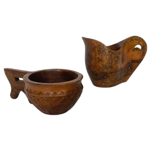 Vintage Croatian Hand Carved Olive Wood Sculpture Creamer & Sugar Bowl - Set of 2