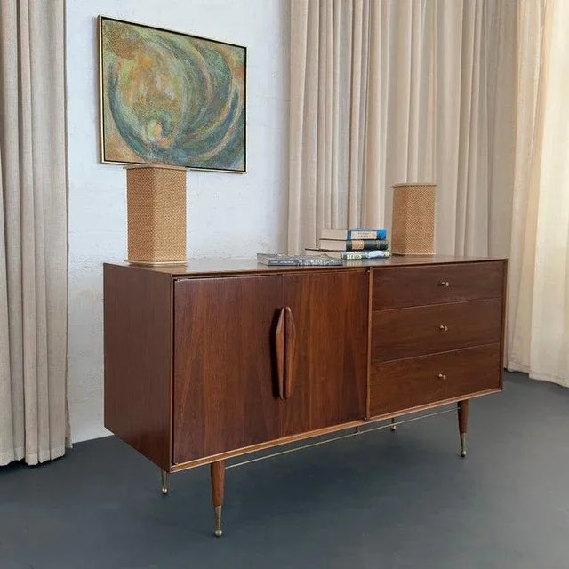 1950s Mid-Century Modern Brass and Walnut Credenza Dresser For Sale - Image 12 of 13