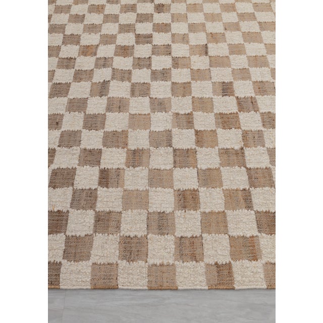 Textile 2.6x6Ft. Checkered Natural Wool Jute Ivory Hand Woven Premium Quality Rug For Sale - Image 7 of 13