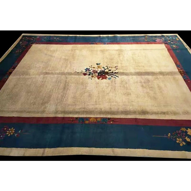 Art Deco 1920s Beige Floral Antique Chinese Art Deco Carpet 9'' X 11'8'' Knotted Wool Rug For Sale - Image 3 of 9