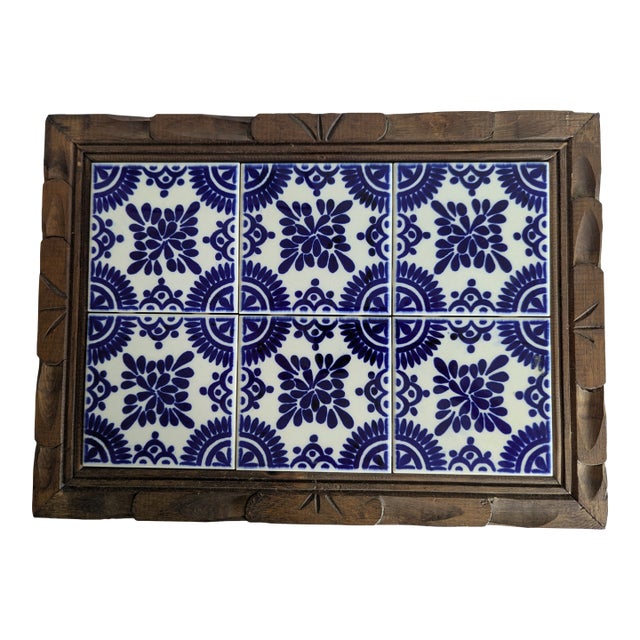 Vintage '70s Large Hand Carved Wood Talavera Tile Trivet For Sale