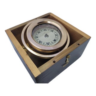 Brass Boat Compass in Varnished Wood Box For Sale