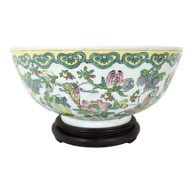Large Chinese White and Yellow Famille Rose Butterfly Porcelain Bowl & Carved Rosewood Stand For Sale