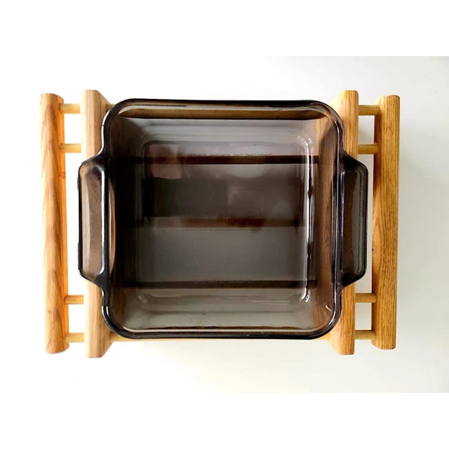 Black 1970s Oak Wood Cradle Trivet and Black Tempered Glass Casserole Dish, 2 Piece Set For Sale - Image 8 of 10