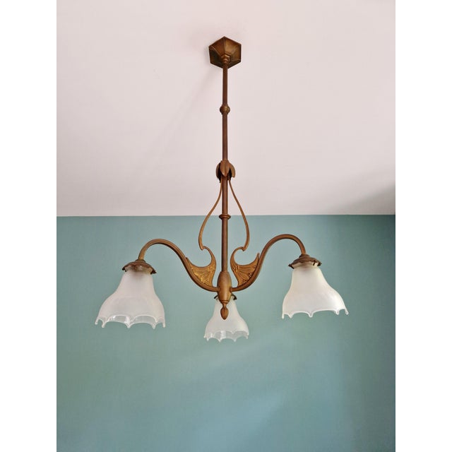 Antique Art Nouveau Chandelier in Brass and Scalloped Frosted Glass, 1890s For Sale - Image 3 of 16