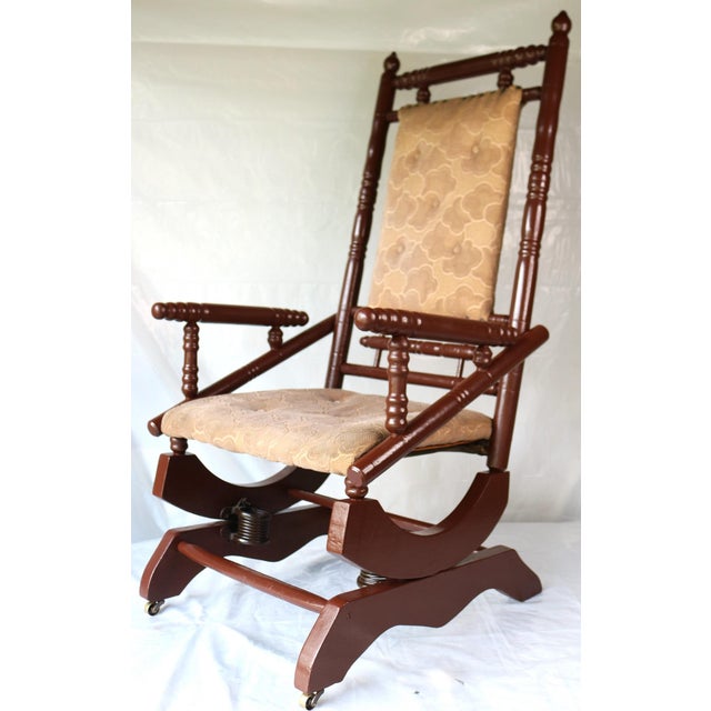 Victorian Antique Upholstered Oak Platform Rocker / Spring Rocker ~ Circa 1915 For Sale - Image 3 of 12
