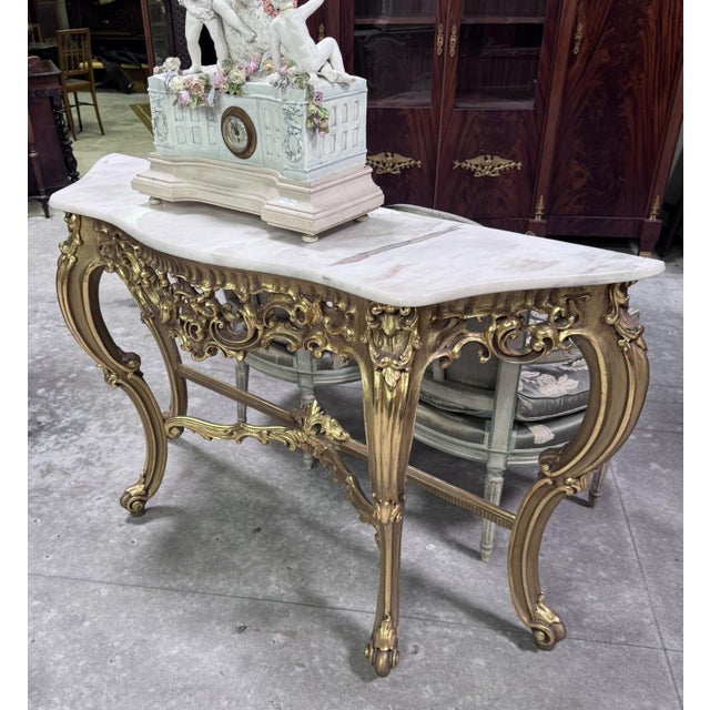 Louis XV Rococo Style Carved Giltwood Console Table with Marble Top, 1940s For Sale - Image 4 of 6