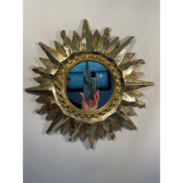 Glass Vintage 1960s Bright Gold Sunburst Wall Mirror For Sale - Image 7 of 12