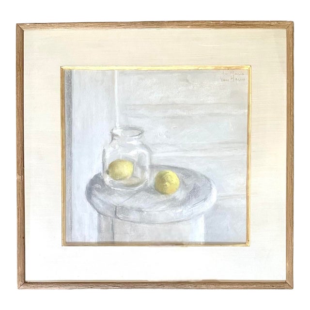 Vintage Framed Still Life With Lemons Watercolor Painting in Cerused Oak Frame, Signed For Sale