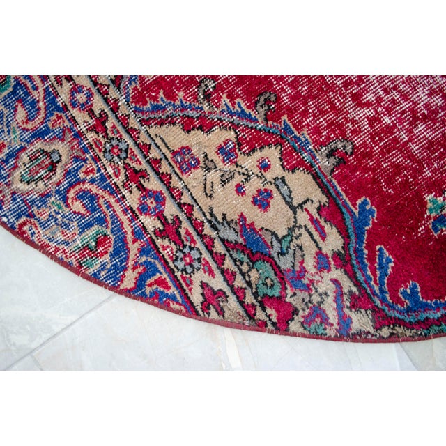 Burgundy Vintage Hand Knotted Round Turkish Rug Upcycled Wool Circle Area Rug 5'2" X 5'2" For Sale - Image 8 of 9