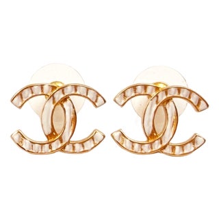 Chanel Brand New Gold CC White Stripe Piercing Earrings, A Pair For Sale