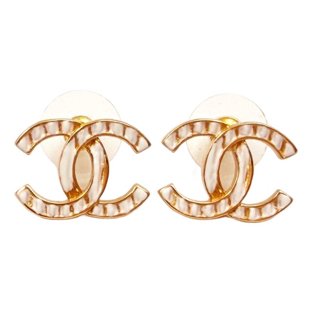 Chanel Brand New Gold CC White Stripe Piercing Earrings, A Pair For Sale