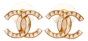 Chanel Brand New Gold CC White Stripe Piercing Earrings, A Pair