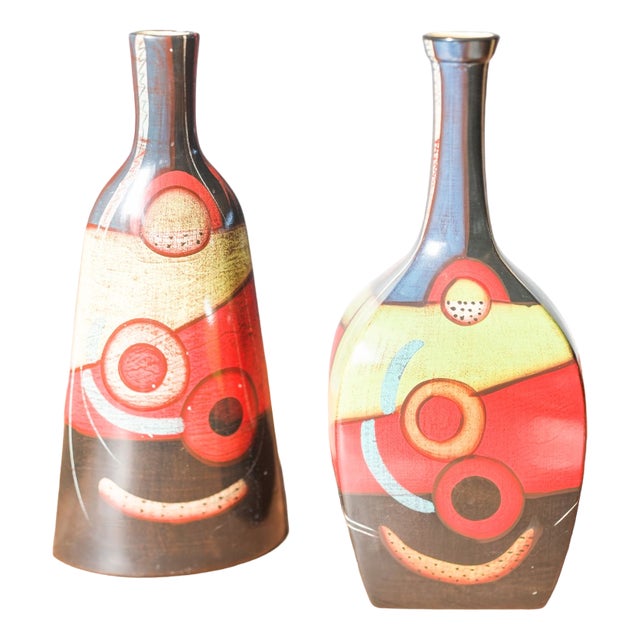 Vintage Hand-Painted Terracotta Vases, 1970s, Set of 2 For Sale