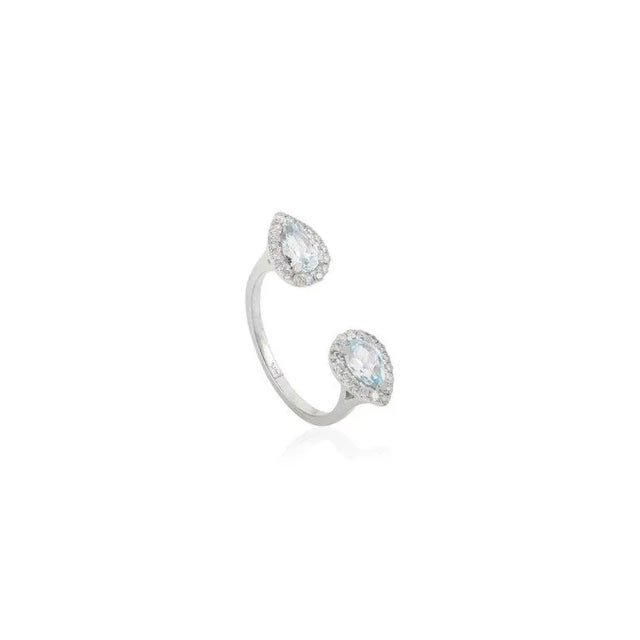 Art Deco Two Pear Shaped Blue Topaz Halo Diamond Open Ring Size 6.5 For Sale - Image 3 of 9