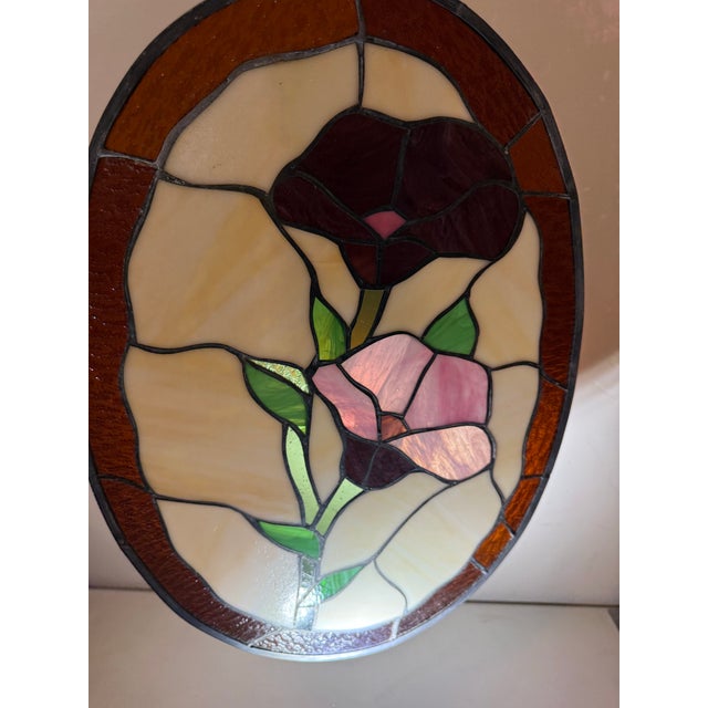 Art Deco Vintage Handcrafted Oval Shaped Large Floral Motif Stained Glass Panel Suncatcher Window Hanging 18” X 13” For Sale - Image 3 of 9