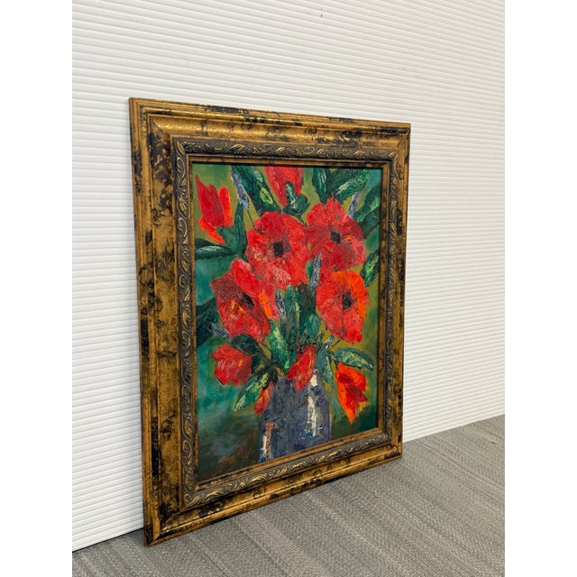 Design Plus Gallery presents a Boulet Red Flower Still Life Painting, Signed circa 2004. This expressive composition...