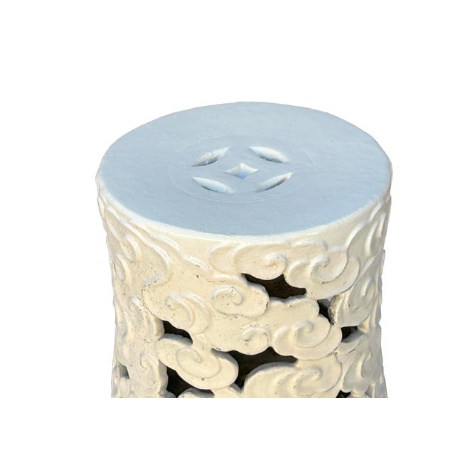Asian 1980s Off White Cream Swirl Cloud Pattern Round Ceramic Stool Table For Sale - Image 3 of 12