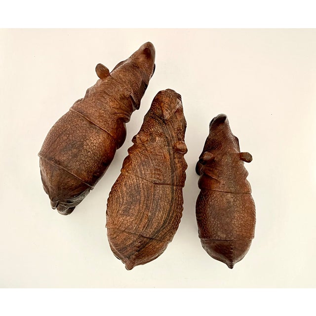1970s Set of 3 Hand-Carved Solid Wood Rhinoceros Sculptures, Textured Hide, Inlaid Teeth and Toenails For Sale - Image 9 of 18