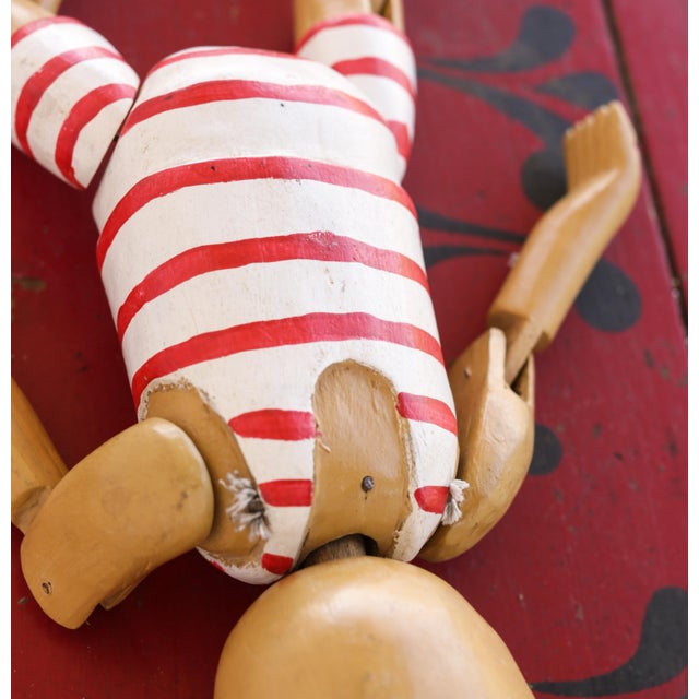 Vintage Wooden Teddy Bear Jointed Red & White Shelf Sitter Hand Carved Folk Art For Sale - Image 11 of 14