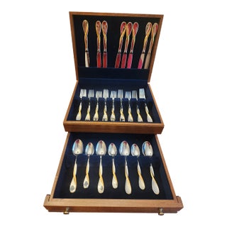 Vintage Oneida "Golden Aquarius" Gold-Accent Stainless Steel Flatware Set With Chest For Sale