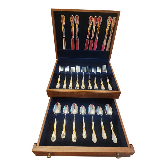 Vintage Oneida "Golden Aquarius" Gold-Accent Stainless Steel Flatware Set With Chest For Sale