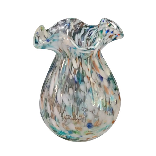 Glass Vintage Attributed Murano Art Glass Ruffled Top Confetti Multi Color Vase For Sale - Image 7 of 7
