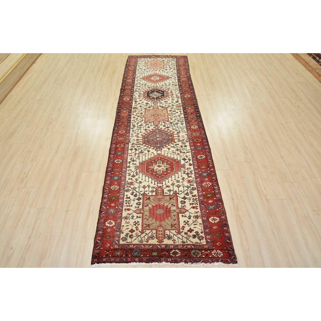 Farmhouse Karajeh Runner 3'6'' X 10'6'' Ivory Wool Tribal Semi-Antique Hand-Knotted Rug For Sale - Image 3 of 15