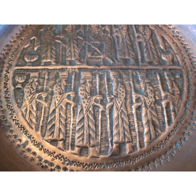 Vintage Persian Hand-Worked Copper Repoussé Wall Charger With Achaemenid Royal Court Scene For Sale - Image 4 of 8