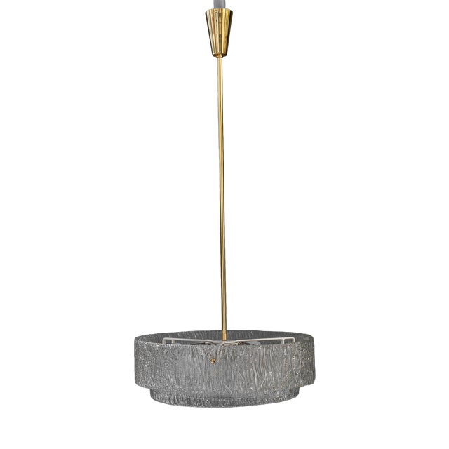 Round Textured Glass Ring and Brass Pendant Lamp by J. T. Kalmar, 1950s For Sale