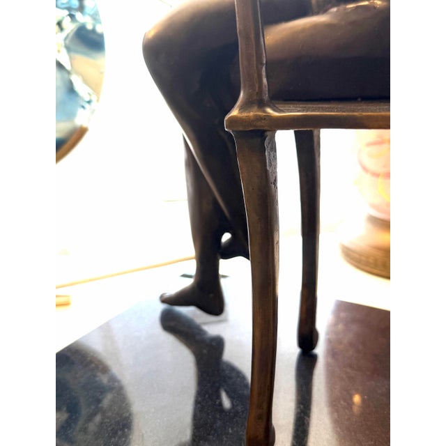 Mid 20th Century Artist Executed Bronze Female Sculpture Resting on Chair Stone Base For Sale - Image 5 of 6
