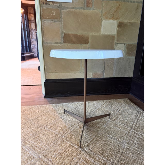 Mid-Century Modern Round Occasional Side Table With Iron Tripod Pedestal Base, Circa 1960s For Sale - Image 4 of 5